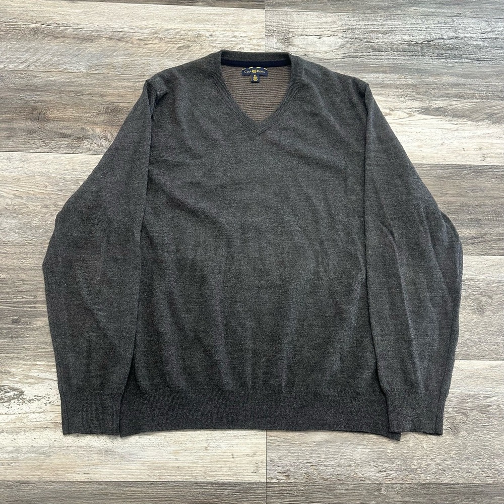 Club Room Sweater Gray Mens XL V-neck Knit Merino Wool Blend Lightweight Cozy